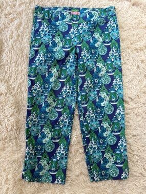 Lilly Pulitzer Palm Beach Fit Cropped Pants Blue Green Vase Print Sz 8